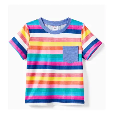 Family Matching Multi-Color Stripe T-shirt and Ruffle Hem Button Strap Dress Sets