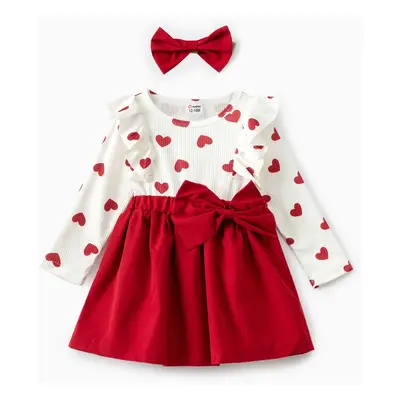 2pcs Baby Girl Heart-shaped and Bow Dress Set