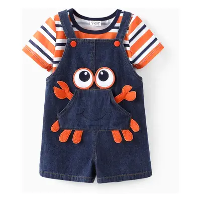 Baby Boy 2pcs Striped Tee and Crab Embroidery Overalls Set