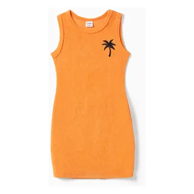 Family Matching Orange Terry Tank Top and Bodycon Tank Dress Sets