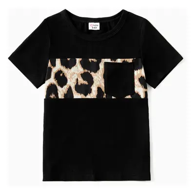 Family Matching 95% Cotton Short-sleeve T-shirts and Rib Knit Spliced Leopard Belted Cami Dresse