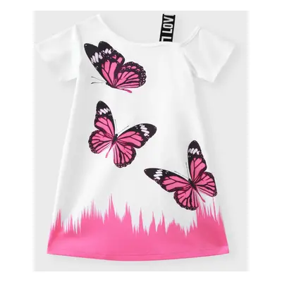 Kid Girl Butterfly Print Colorblock Cold Shoulder Short-sleeve Dress