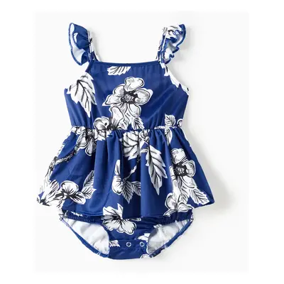 Family Matching Sets Floral Panel Color Block Tee or Blue Tropical Floral Satin Swing Collar Sli