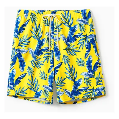 Family Matching Yellow Leaf Print Swim Trunks or Ruched Flutter Sleeve Bikini with Optional Swim