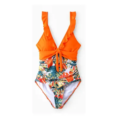 Family Matching Orange and All Over Tropical Plant Print Splicing Ruffle One-Piece Swimsuit and 