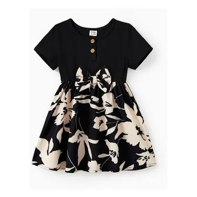 Family Matching Sets Black Floral Panel Tee or Henley Neck Button Top Spliced Floral Bottom Dres