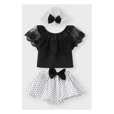 3pcs Baby Girl Lace Top and Allover Polka Dots Bow Decor Skirt and Hat Set