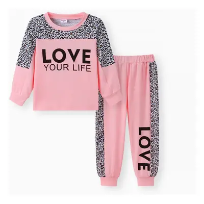 2-piece Toddler Girl Letter Leopard Print Sweatshirt and Pants Set