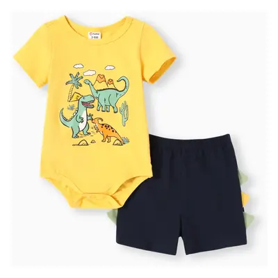 2pcs Baby Boy Dinosuar Print Romper and Shorts Set