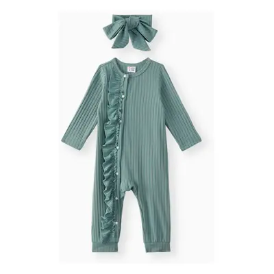 2pcs Baby Girl Ribbed Green/White Rabbit Print Long-sleeve Ruffle Jumpsuit Set