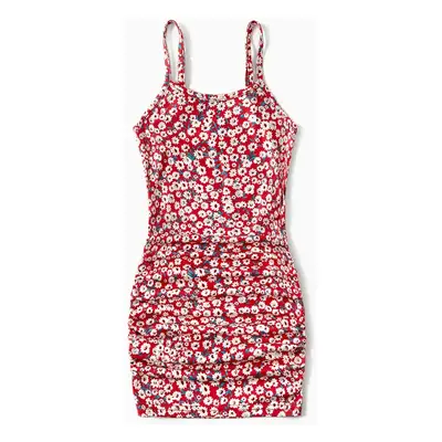 All Over Red Floral Print Spaghetti Strap Drawstring Ruched Bodycon Dress for Mom and Me