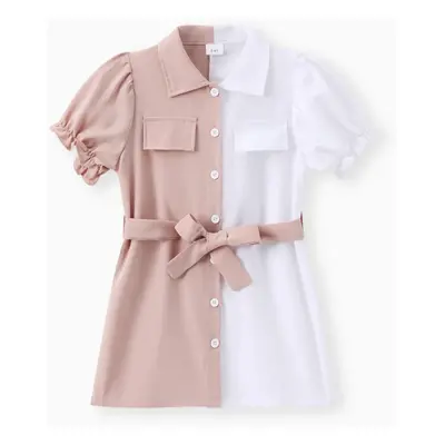 Toddler Girl Elegant Lapel Collar Colorblock Belted Dress