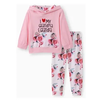 2-piece Toddler Girl Letter Floral Print Hoodie and Pants Set