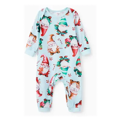 Christmas Family Matching Light Blue Allover Gnome Pattern Pajamas Sets with Drawstring and Pock