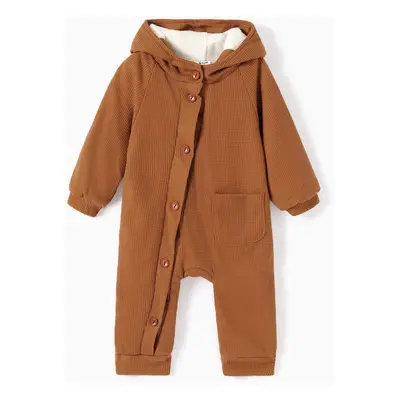 Baby 95% Cotton Long-sleeve Thickened Fleece Lined Hooded Waffle Jumpsuit