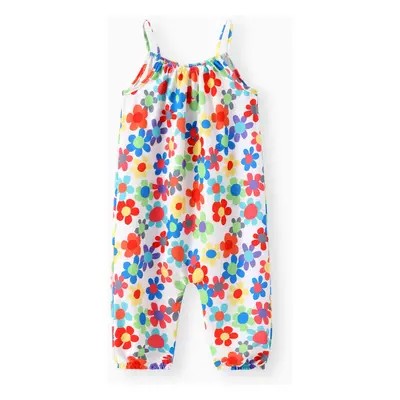 Baby Girl All Over Colorful Floral Print Spaghetti Strap Jumpsuit