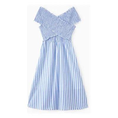 Family Matching Sets Blue Vertical Stripe Shirt or Shirred Cross Top Off Shoulder Dress