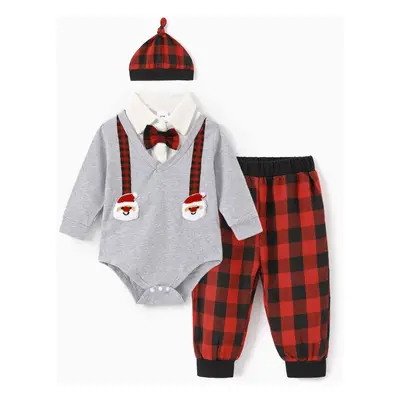 Christmas 3pcs Baby Boy 95% Cotton Long-sleeve Santa Badge Bow Tie Romper and Red Plaid Pants wi