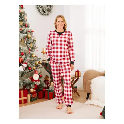 Christmas Family Matching Red and White Checkered Plaid Pajamas Sets with Drawstring and Pockets