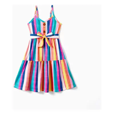 Family Matching Multi-Color Stripe T-shirt and Ruffle Hem Button Strap Dress Sets