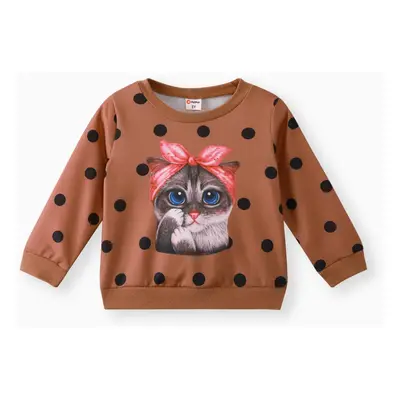 Toddler Girl Animal Cat Print Polka dots Brown Pullover Sweatshirt