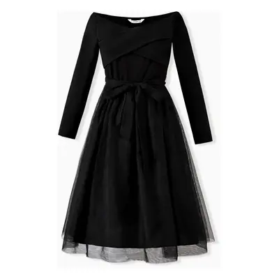 Family Matching Sets Black Plaid Shirt or Elegant Off-Shoulder Cross Front Tulle Mesh Dress