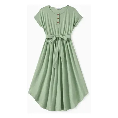 Family Matching Colorblock Stripe Tee and Green Button A-Line Dress Sets