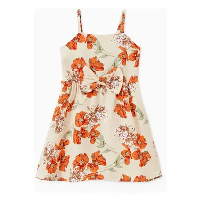 Mommy and Me Apricot Floral Tie Waist Shirred Back Strap Dresses