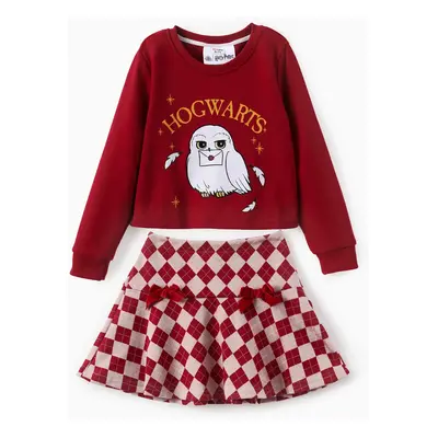 Harry Potter Kid Girl 2pcs Owl Print Long-sleeve Sweatshirt And Bow tie Plaid Skirt Set