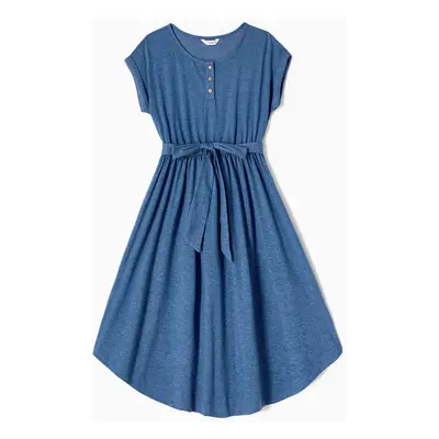 Family Matching Soft Casual Outfit with Below Knee Dresses, Front Buttons, Belted Design