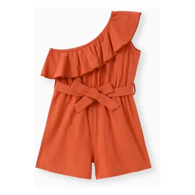 Toddler Girl 100% Cotton One Shoulder Flounce Belted Romper Jumpsuit Shorts