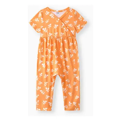 Baby Girl Clothes All Over Floral Print V Neck Short-sleeve Snap-up Jumpsuit