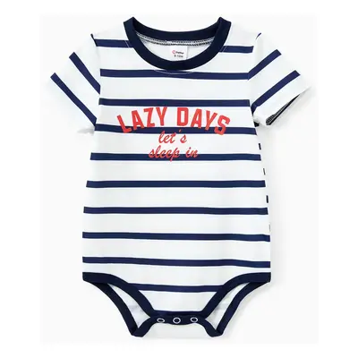 Family Matching Pajamas Sets Preppy Style Striped Slogan Print Crew Neck Top and Navy Blue Draws