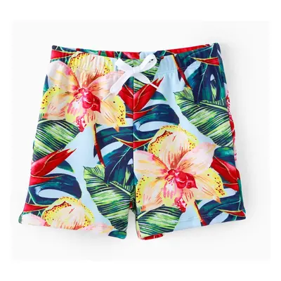 Family Matching Floral Drawstring Swim Trunks or Ruched Shell Edge Bikini with Optional Swim Cov