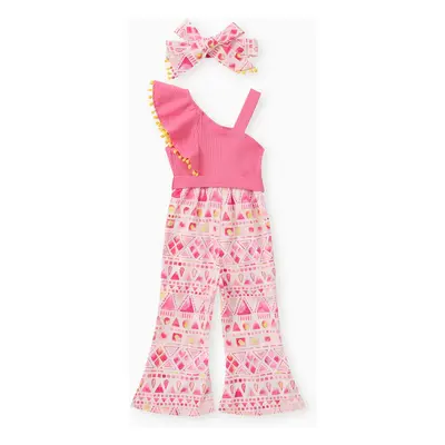 Toddler Girl 2cps Sweet Colorblock Geometric Pattern Jumpsuit and Headband Set