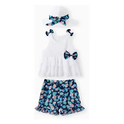 3pcs Toddler Girl Bow Decor Hat & Layered Ruffled Tank Top & Floral Print Shorts Set