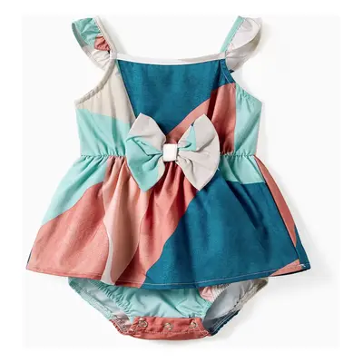 Mommy and Me Multi-Color High Neck Halter Ruffle Hem Belted Dress