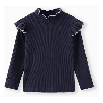 Toddler Girl Solid Color Ruffled Mock Neck Ribbed Long-sleeve Tee