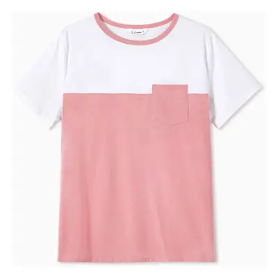 Family Matching Cotton Short-sleeve T-shirts and Pink Swiss Dot Lace Detail Flutter-sleeve Dress