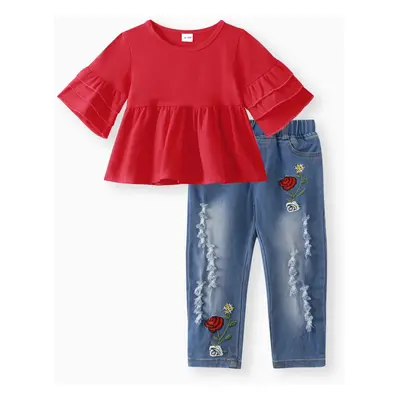 2pcs Baby Red Bell Sleeve Loose-fit Top and Floral Embroidered Ripped Denim Jeans Set