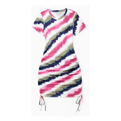 Family Matching Sets Multi-Color Tie-Dye Diagonal Striped Tee or Drawstring Body-con Short Sleev