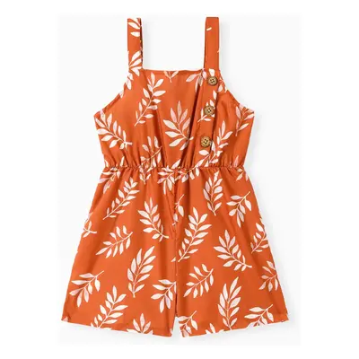 Toddler Girl Leaf Print Button Design Strap Romper