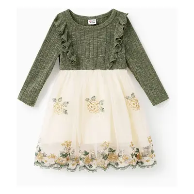 Family Matching Sets Green Long Sleeves Shirt or Ribbed Off-Shoulder Embroidered Tulle Dress