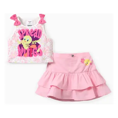 Looney Tunes Toddler/Kid Girl Bow Top with Floral Print Skirt Set