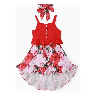 Kid Girl 3pcs Cami Crop Top and Floral Print Ruffled Skirt with Headband Set