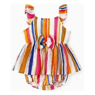 Family Matching Sets Colorful Vertical Stripe Tee or Ruffle Hemline Belted Halter Dress