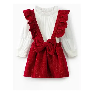 2PCS Baby Girl Sweet Solid Color Ruffle Edge Long Sleeve Dress Set