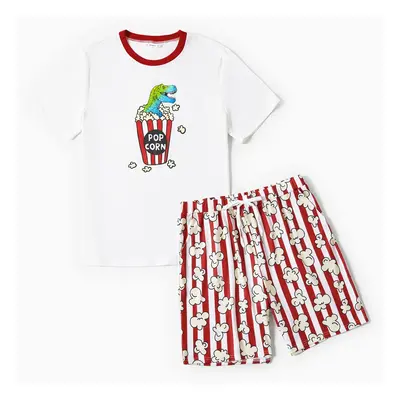 Family Matching Dinosaur Popcorn Pattern Short Sleeves Top Stripe Shorts Pajama