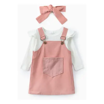 3pcs Baby Girl 95% Cotton Ribbed Long-sleeve Romper and Solid Suspender Dress with Headband Set