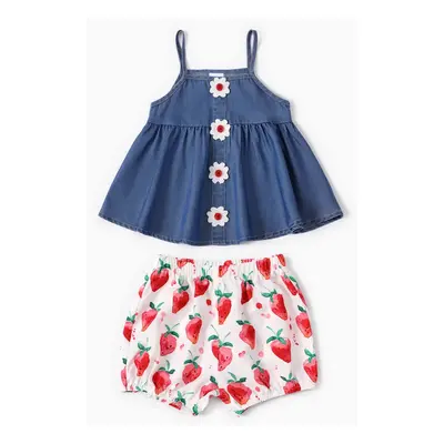 Baby Girl 2pcs Cooling Denim Camisole and Floral Print Shorts Set